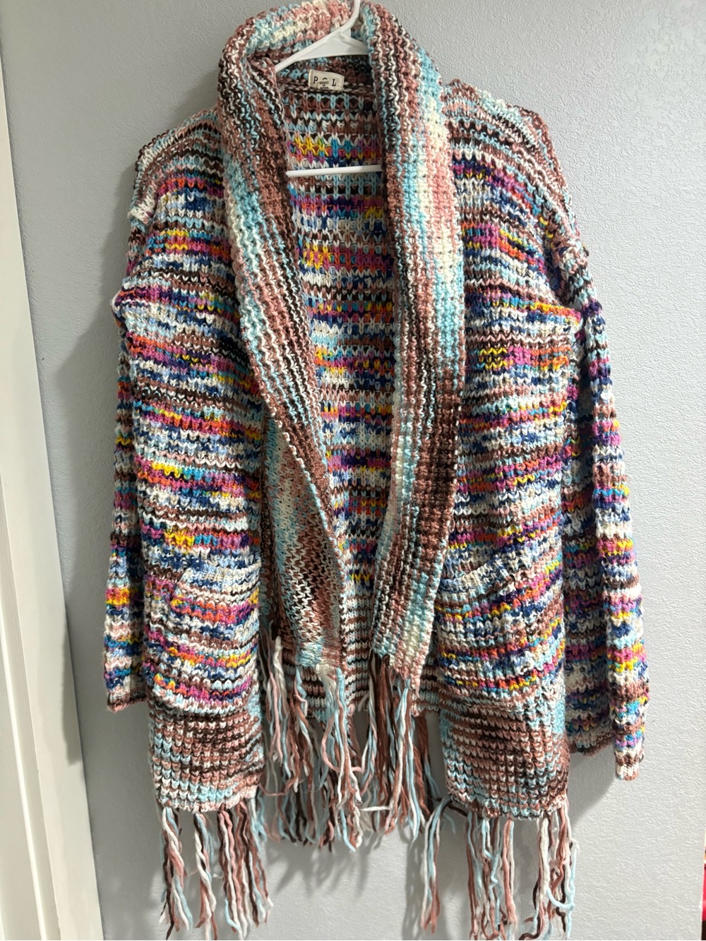 POL Multicolor Fringe Knit Cardigan in Brown, Blue, White